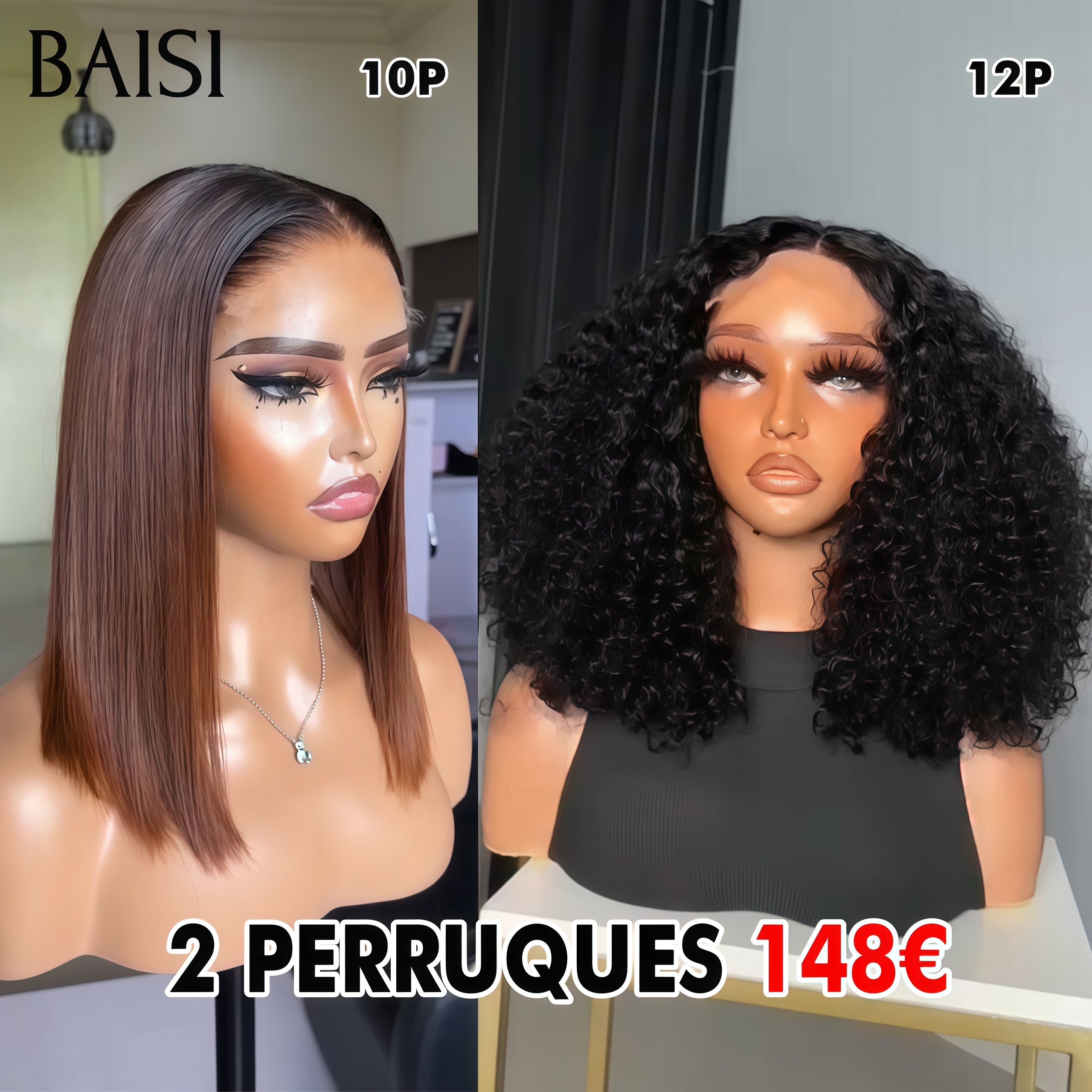 BAISI 2 Perruques 148€ PROMO 4X4 lace closure Lisse bob marron 10 pouces et water wave 12 pouces en 100% cheveux humains
