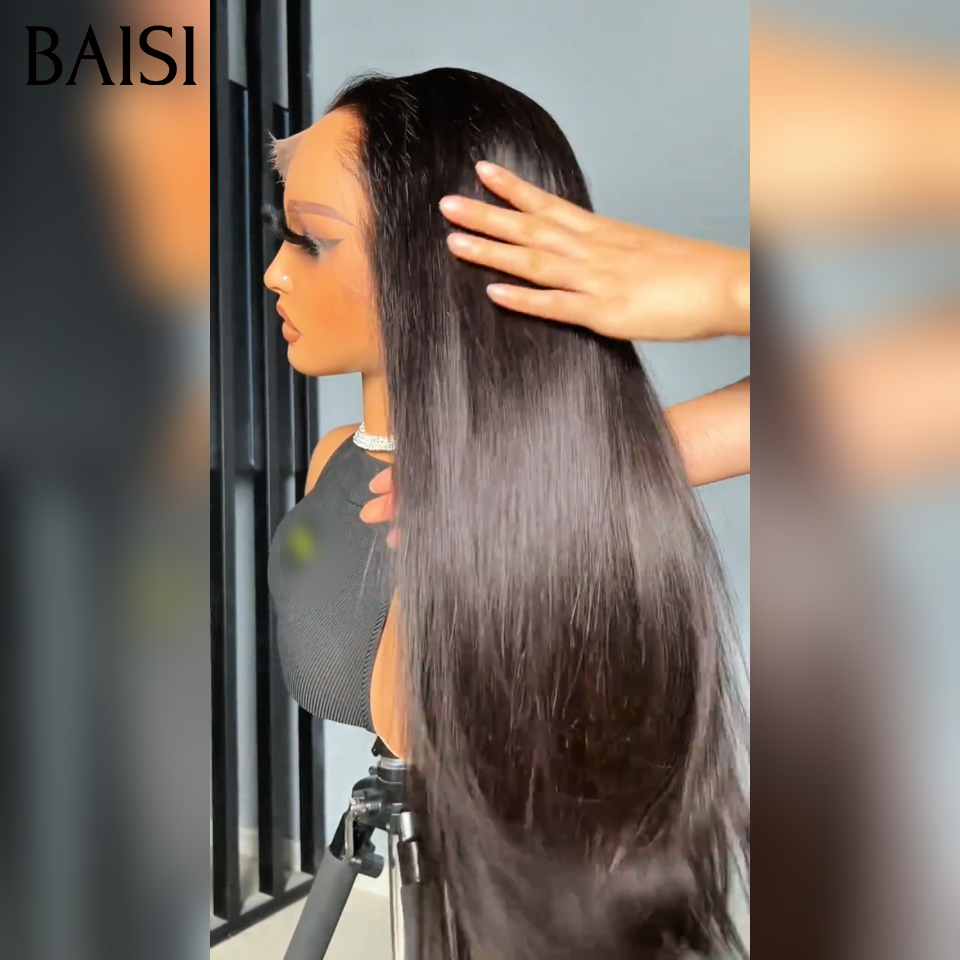 BAISI Perruque 360 Lace ou frontal Lace avec Queue de cheval Lisse 20 Pouces NOIR en 100% Cheveux Humains