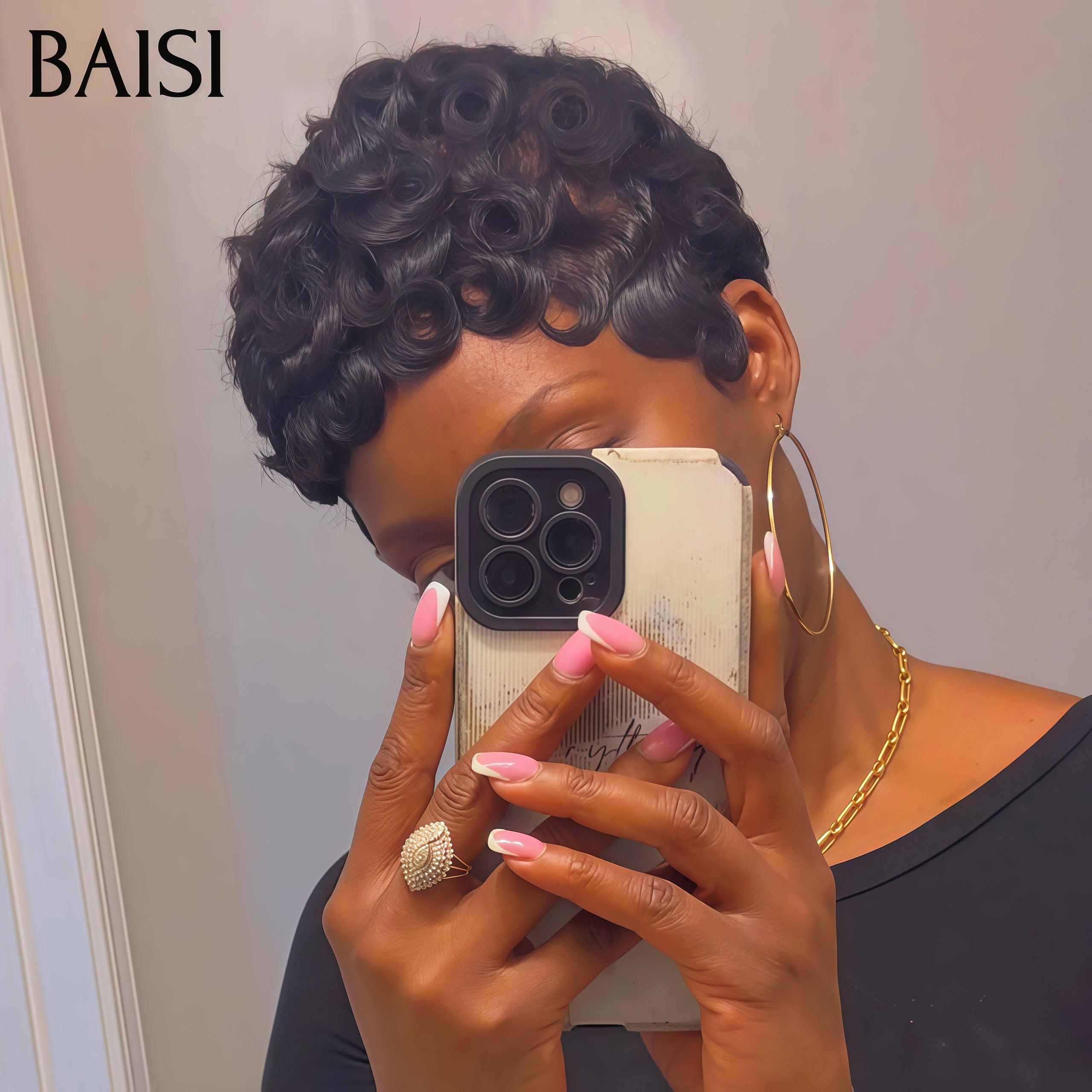 BAISI Perruque Chioma pixie Sans Colle Prêt-à-porter 40€ finger wave NOIR Moitié Prix en 100% cheveux humains