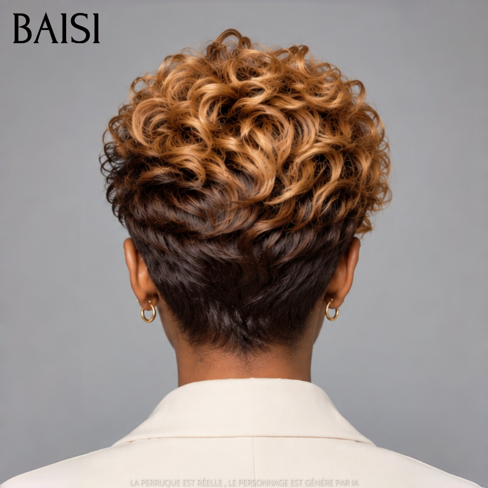 BAISI Perruque Pixie Curls Raie sur le côté NOIR Mixte Miel en 100% Cheveux Humains