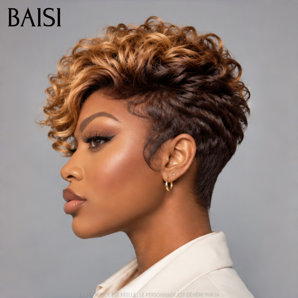 BAISI Perruque Pixie Curls Raie sur le côté NOIR Mixte Miel en 100% Cheveux Humains