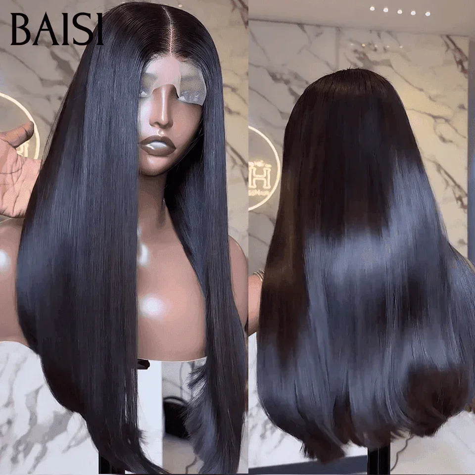 BAISI Perruques de Luxe 15A SDD BONE Straight 100% Viêtnam Hair 250% densité 2X6 Lace Perruque 18 Pouce Noir Lisse FR38
