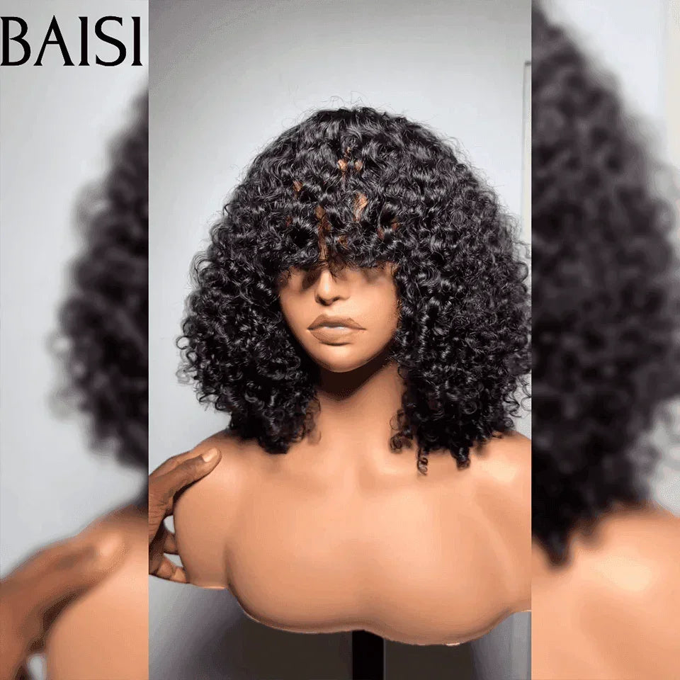 BAISI Flash Offre 84€ Perruque Curly Bouclée Avec Frange Noir Marron En 100% Cheveux Humains De Bonne Qualité FR38