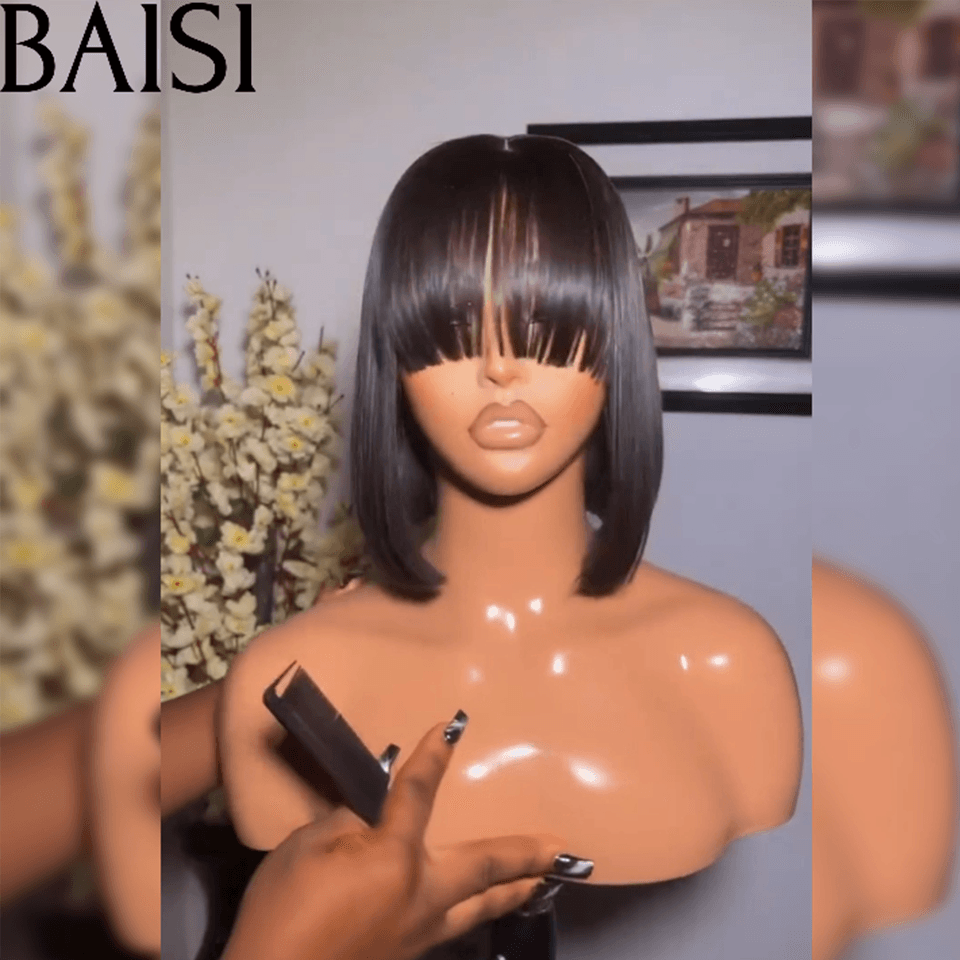 BAISI € 66 Peruca onda Bob EGG com franja preta sem cola e sem renda em cabelo 100% humano BAISI20