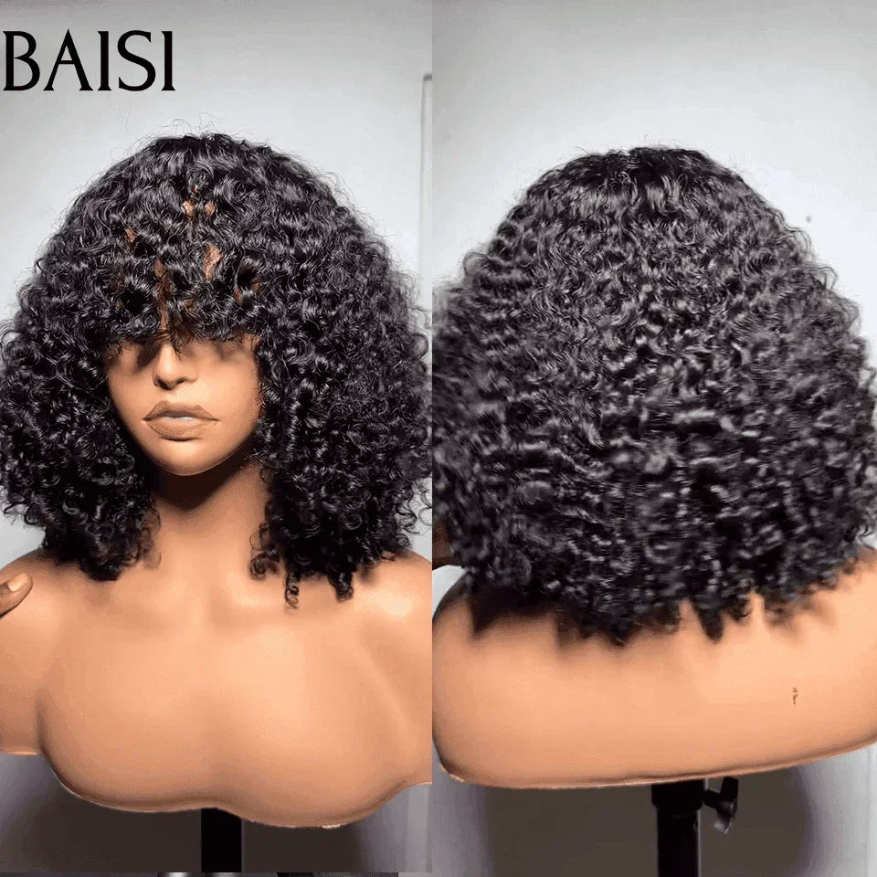 BAISI Flash Offre 84€ Perruque Curly Bouclée Avec Frange Noir Marron En 100% Cheveux Humains De Bonne Qualité FR38