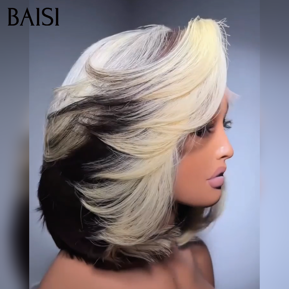 BAISI 13x4 Perruque Lisse Coupe Dégradée 10Pouces 128€ Couleur Blonde et Noir 1B/613# Envoûtante En 100% Cheveux Humains MP50