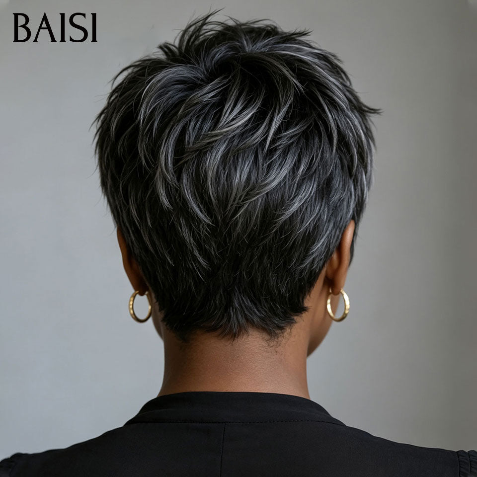 BAISI Perruque Pixie Lisse Coupe Effilée Gris style contemporain sans colle Sans Lace en 100% Cheveux Humains BS30