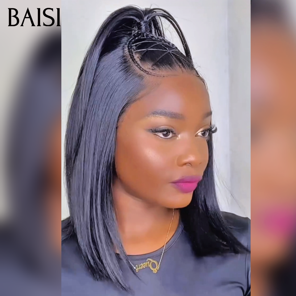 BAISI 13x4 lace Perruque Bob Lisse Déjà Coiffée 12Pouces 125€ Couleur Noir 1B# Devanture Avec Petites Nattes Look Incroyablement Original en 100% Cheveux Humains