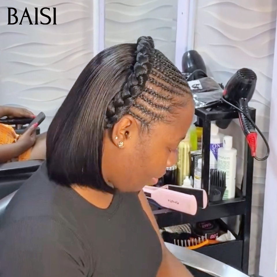 BAISI 13x4 Lace Perruque BOB Déjà Coiffée Prête à Porter Avec Natte Naturelle Carré Lisse 10Pouces à Style Authentique en 100% Cheveux Humains