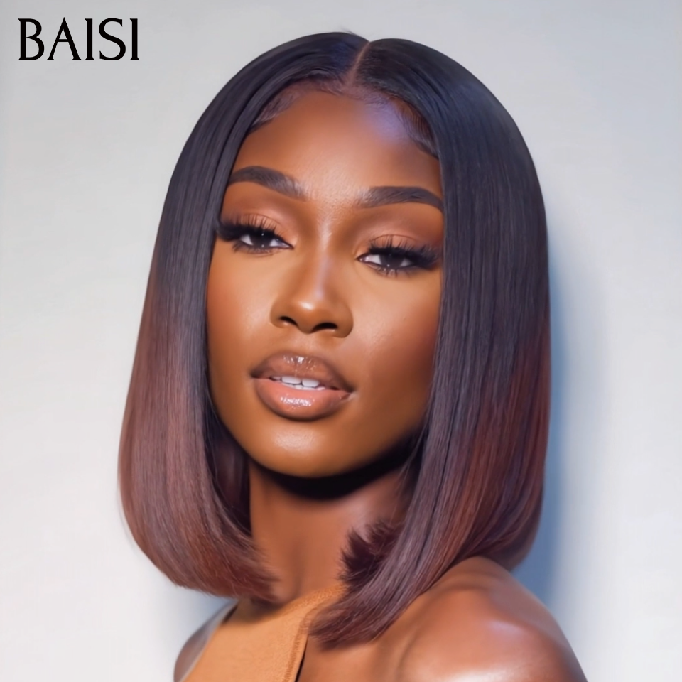 BAISI 4X4 lace closure Perruque Bob Lisse 8 à 14 Pouces en couleur Marron avec racine NOIR 1BT4# Très Bonne Qualité en 100% Cheveux Humains