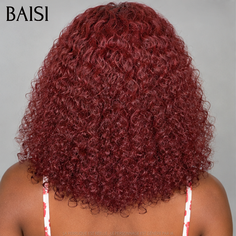 BAISI Perruque Bob 4x4 Lace Closure Bouclée en Rouge Bordeaux 99J# 250% densité Sans Colle Lace déjà couper Facile à Porter en 100% Cheveux Humains