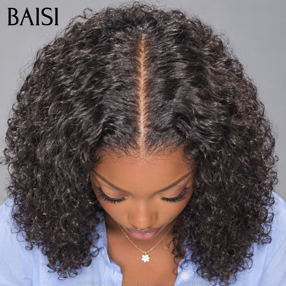 BAISI 4x4 Lace Perruque Sans Colle Bob Curly Noir Seulement Lace déjà couper 250% de Densité Bien Remplie en 100% Cheveux Humains