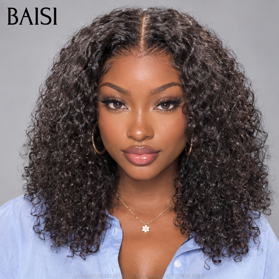 BAISI 4x4 Lace Perruque Sans Colle Bob Curly Noir Seulement Lace déjà couper 250% de Densité Bien Remplie en 100% Cheveux Humains