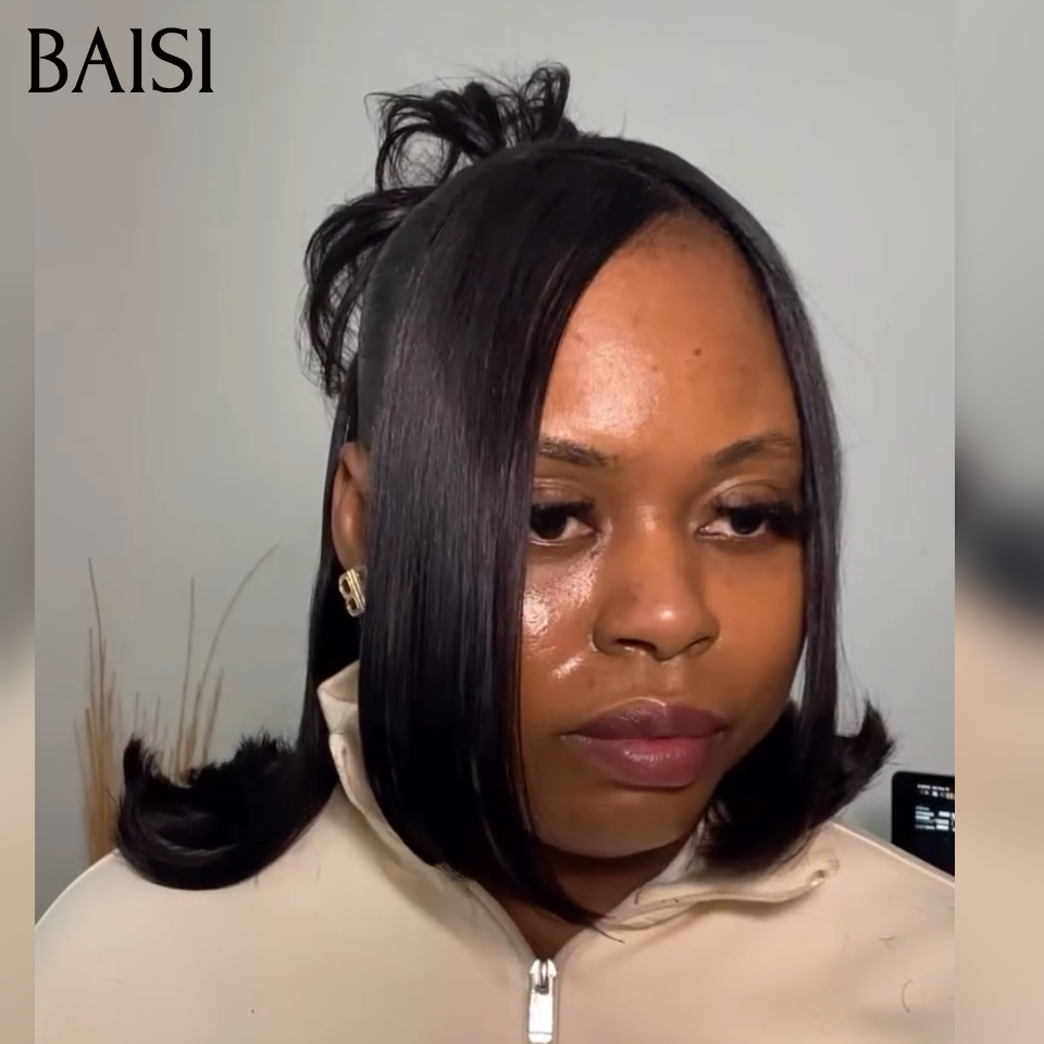 BAISI 13x4 lace Perruque Coiffée Bob Lisse Noir 1B# 12Pouces 129€ Coiffure chignon à bout légèrement balayé A la Mode en 100% Cheveux Humains