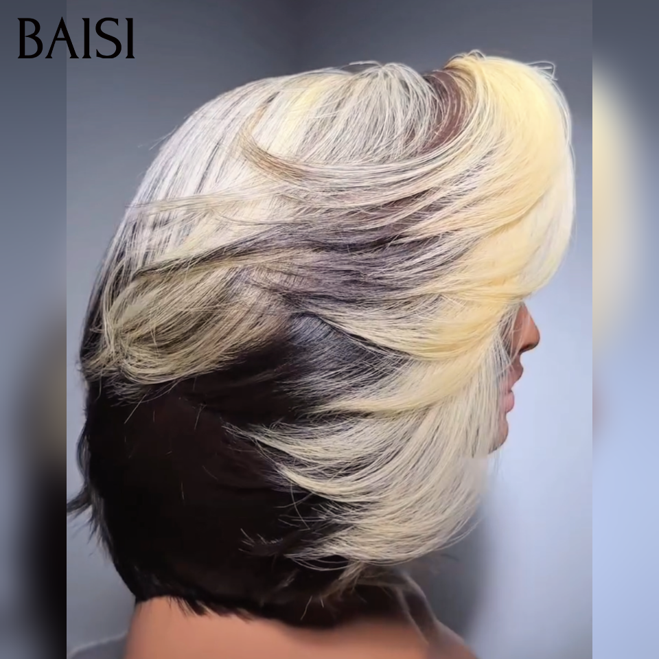 BAISI 13x4 Perruque Lisse Coupe Dégradée 10Pouces 128€ Couleur Blonde et Noir 1B/613# Envoûtante En 100% Cheveux Humains MP50