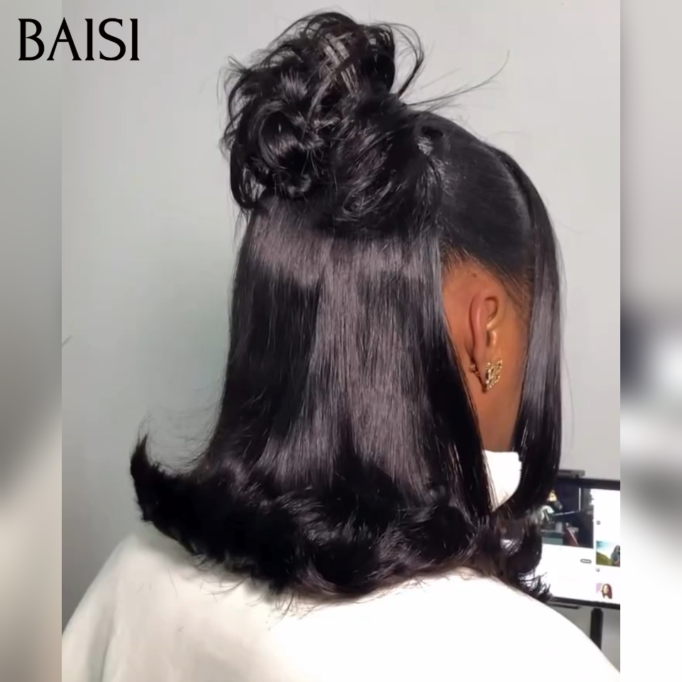 BAISI 13x4 lace Perruque Coiffée Bob Lisse Noir 1B# 12Pouces 129€ Coiffure chignon à bout légèrement balayé A la Mode en 100% Cheveux Humains