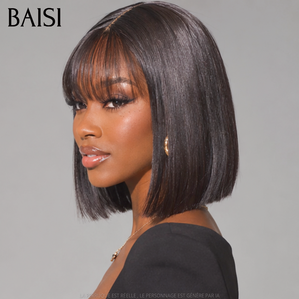 BAISI Perruque Bob lisse Avec Frange Perruque de Luxe 100% Vietnam Hair SDD BONE STRAIGHT 200% densité Sans Lace Sans Colle en 100% Cheveux Humains