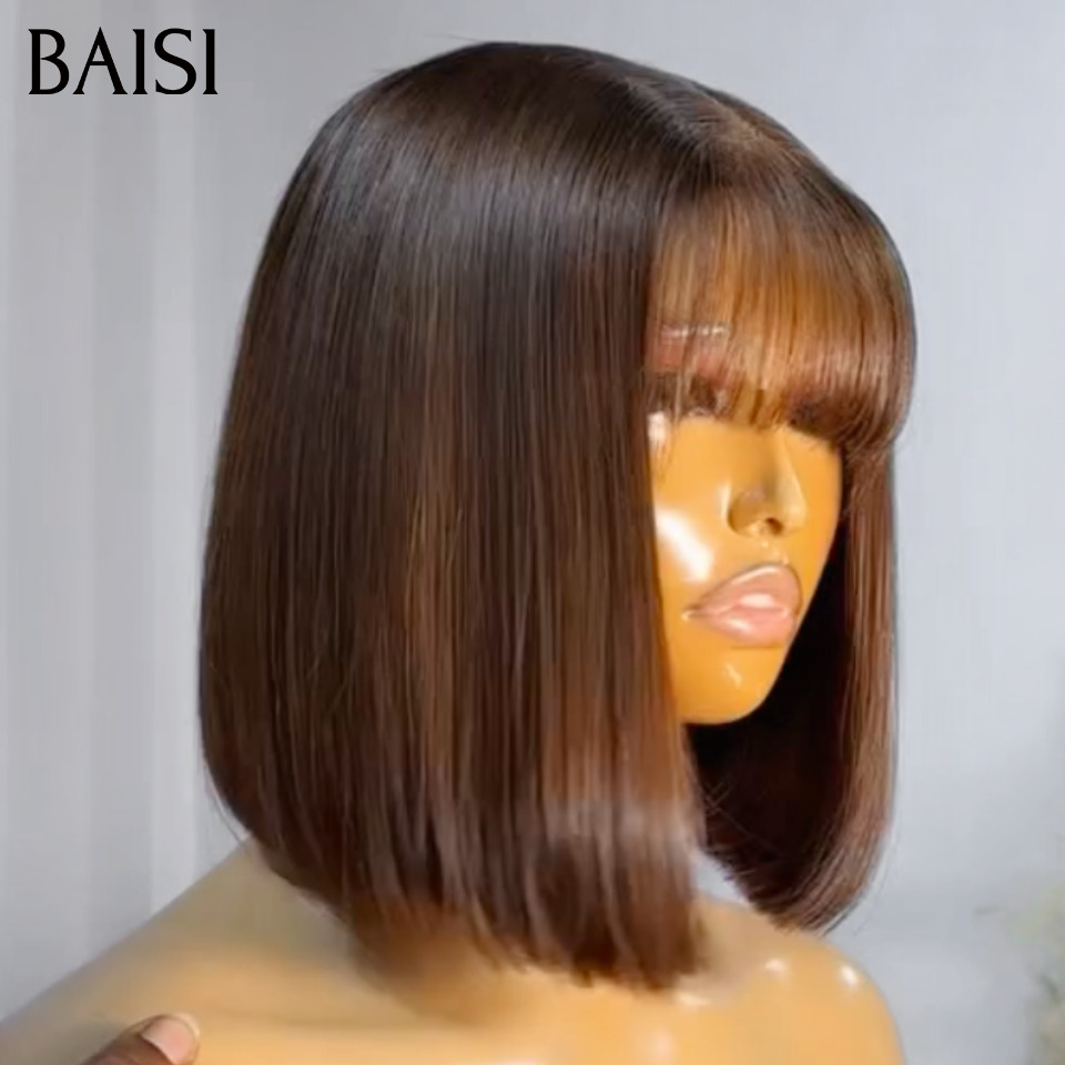 BAISI Achetez 3 Gagnez 4 Lot de 3 Perruques Bob 10pouces 249€ Carré Lisse Avec Frange Marron 4# + Curly Couleur Marron 4# + Carré Lisse Noir En 100% Vrais Cheveux Humains