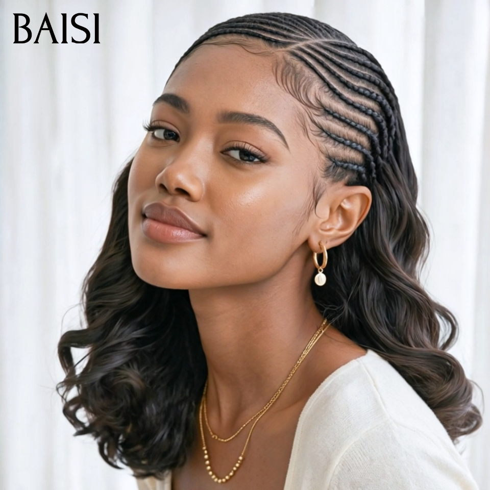 BAISI 13x6 Lace Perruque Coiffée Ondulée Body Wave 12Pouces 129€ Couleur Noir 1B# Devanture Petites Nattes bien Aérés en 100% Cheveux humains