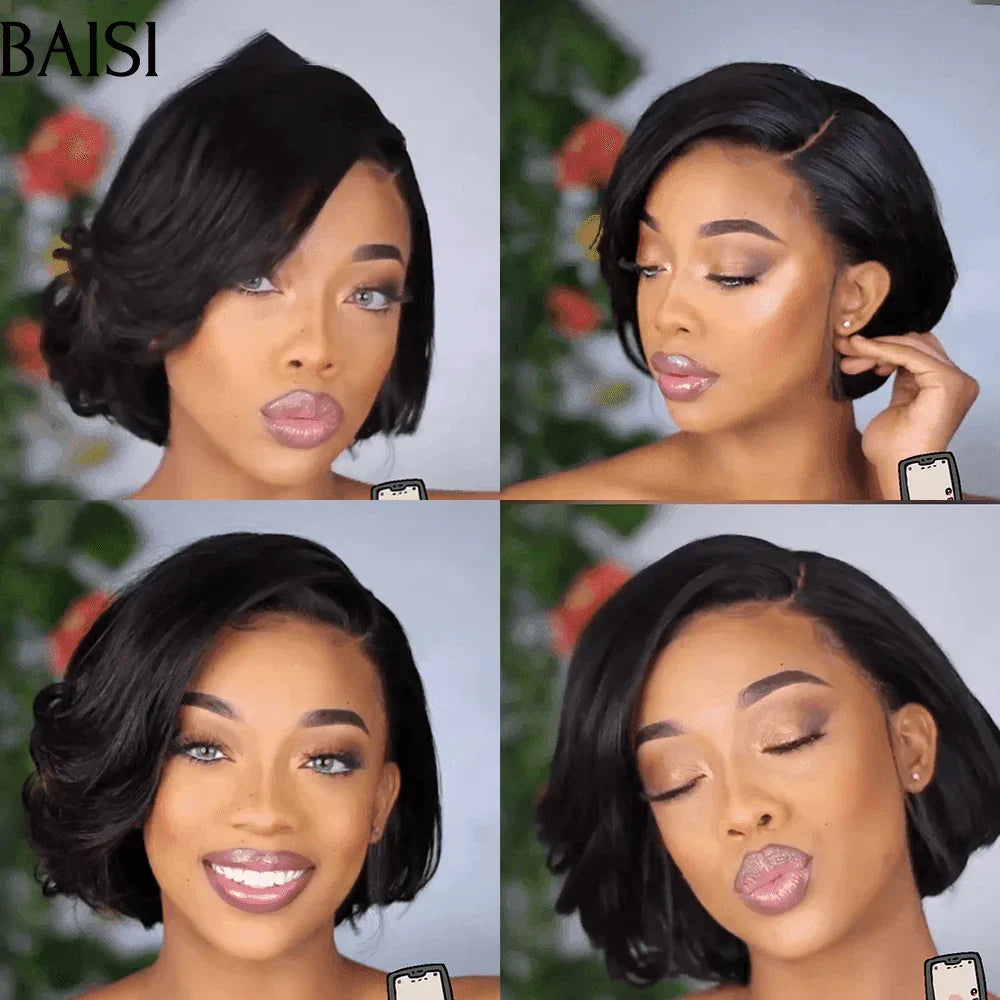 BAISI Perruque 13X4 lace frontal Pixie Vague 58€ En Couleur NOIR ou Lisse naturelle 1B en 100% Cheveux Humains CODE: FR20