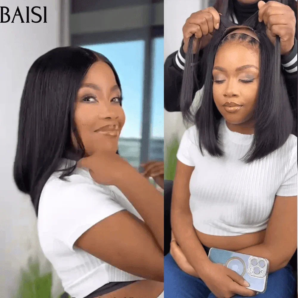 BAISI 4x4 Perruque Bob Lisse en Noir Sans Colle Lace déjà couper Facile à Porter en 100% Cheveux Humains