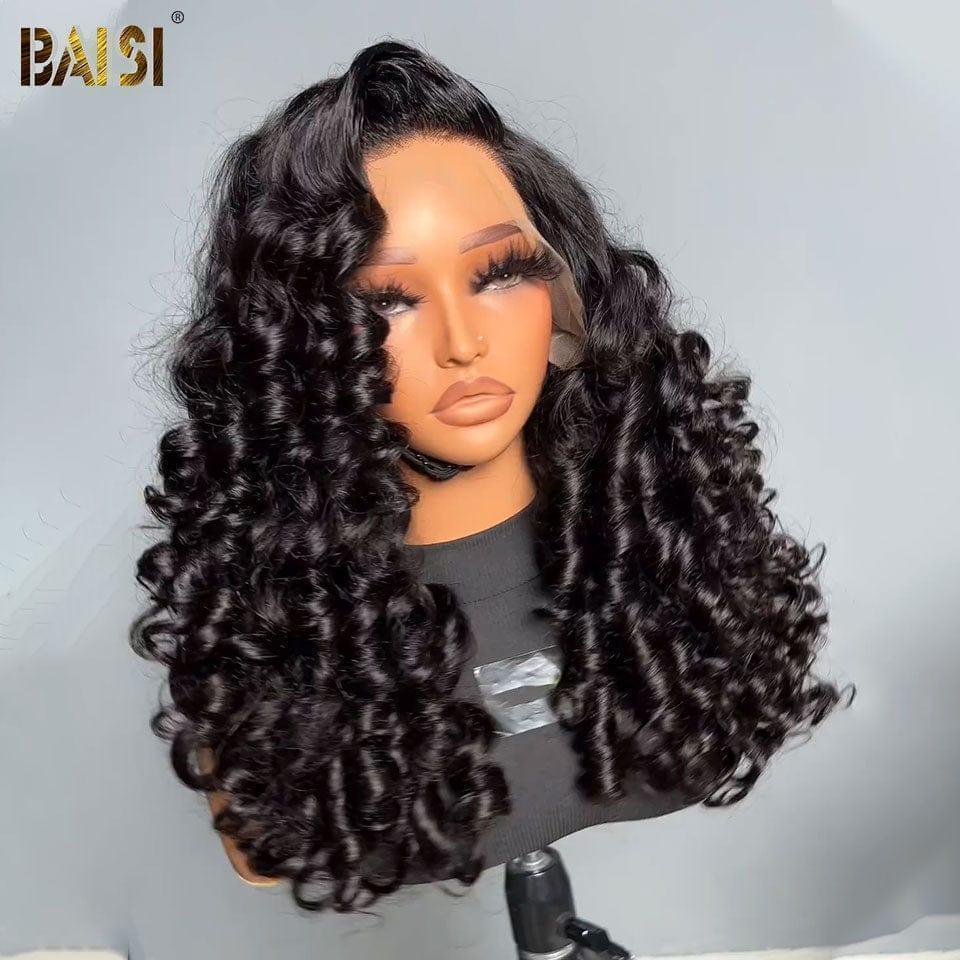 BAISI 13X4 Perruques de Luxe loose Wave en Couleur NOIR 300%densité A1 Fabriquées par les cheveux double drawn mèches vièges volume en 100% Cheveux Humains