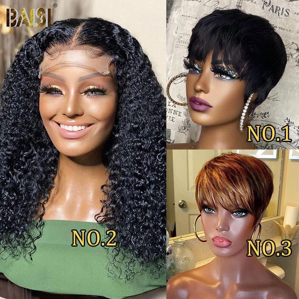 BAISI Achetez 1 +1 Gratuite= 169€ 4x4 Lisse Bob 1BT30# 10 Pouces et 13x4 frontal curly wave 22 Pouces ou Perruque conbinée 3 perruques à bon prix