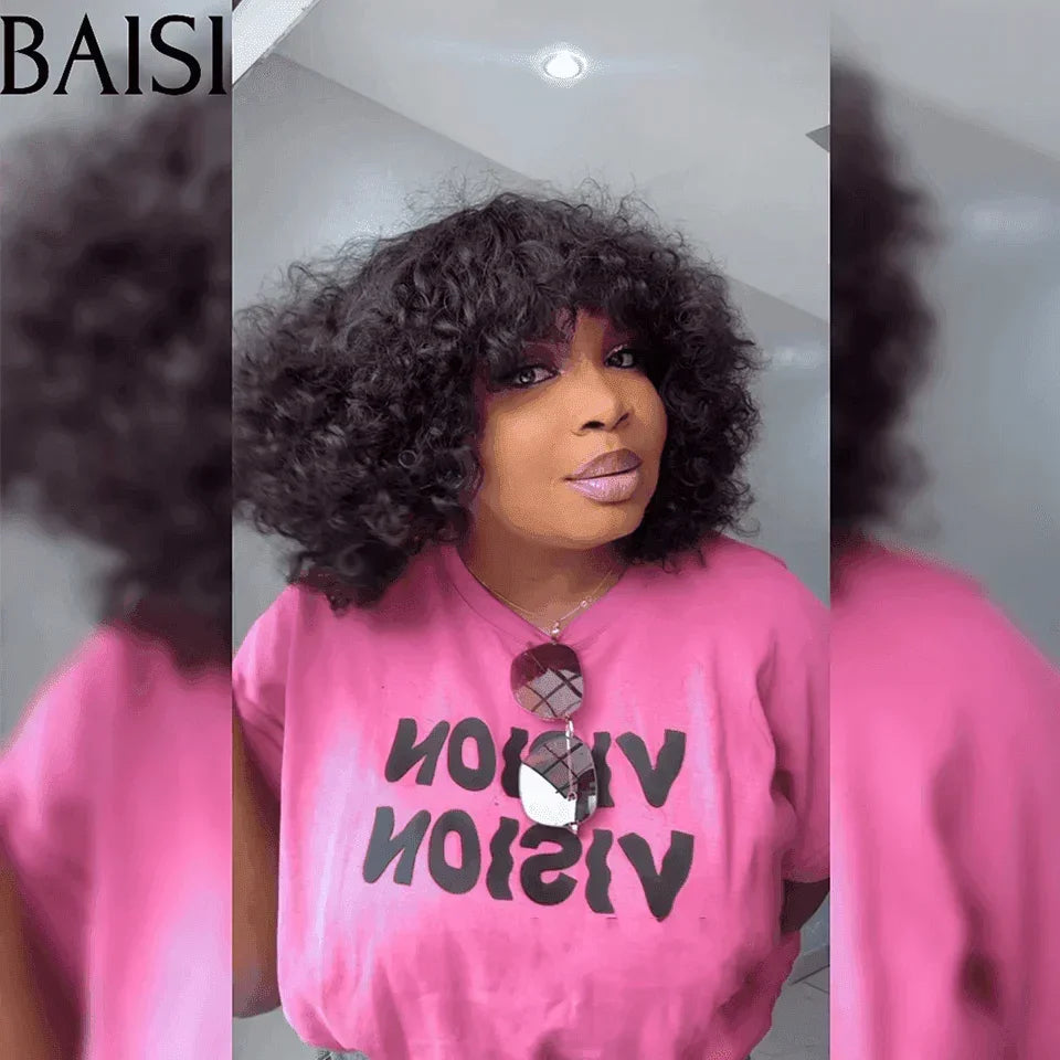 BAISI Offre Flash Aujourd'hui 89€ Perruque Bouclée Curl Wave en Couleur Noir Sans Lace Sans Colle en 100% Cheveux Humains