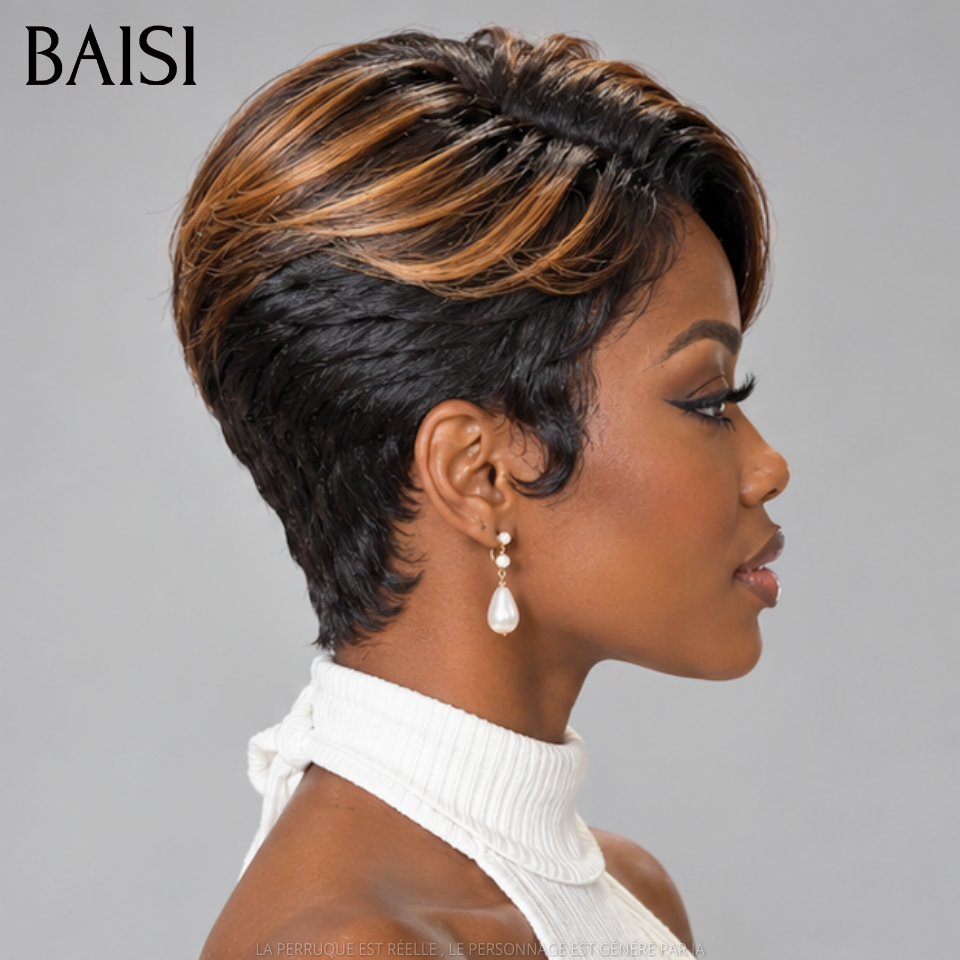 BAISI 13x4 Lace Perruque Pixie Lisse Courte 79€ Couleur Noir et Miel Elégante et Charmante en 100% Cheveux Humains