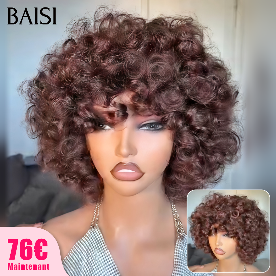 BAISI Perruque Boucle Egg Wave Marron 4# 12Pouces 76€ Seulement Sans Colle Sans Lace Très Pratique au Quotidien en 100% Cheveux Humains