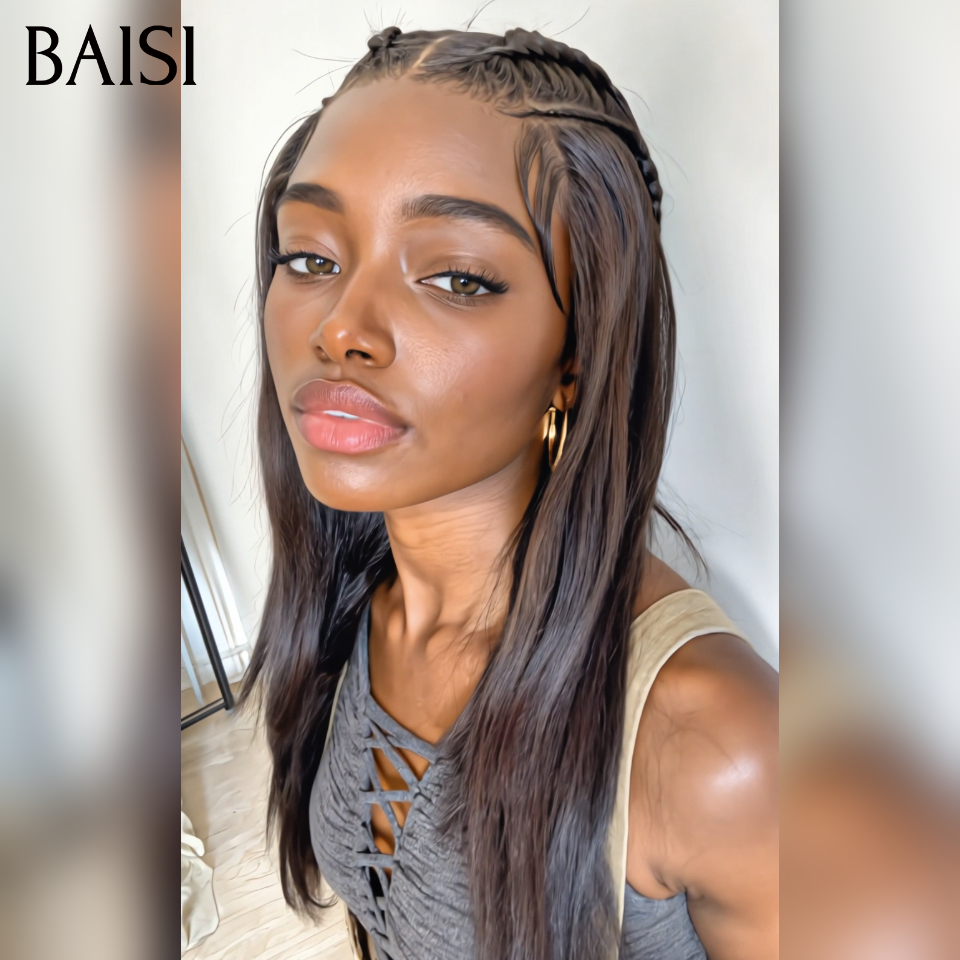 BAISI 13x4 Lace Perruque Coiffée 14pouces et 18pouces Ondulée Devanture en Nattes Comme la Photo en 100% Cheveux Humains