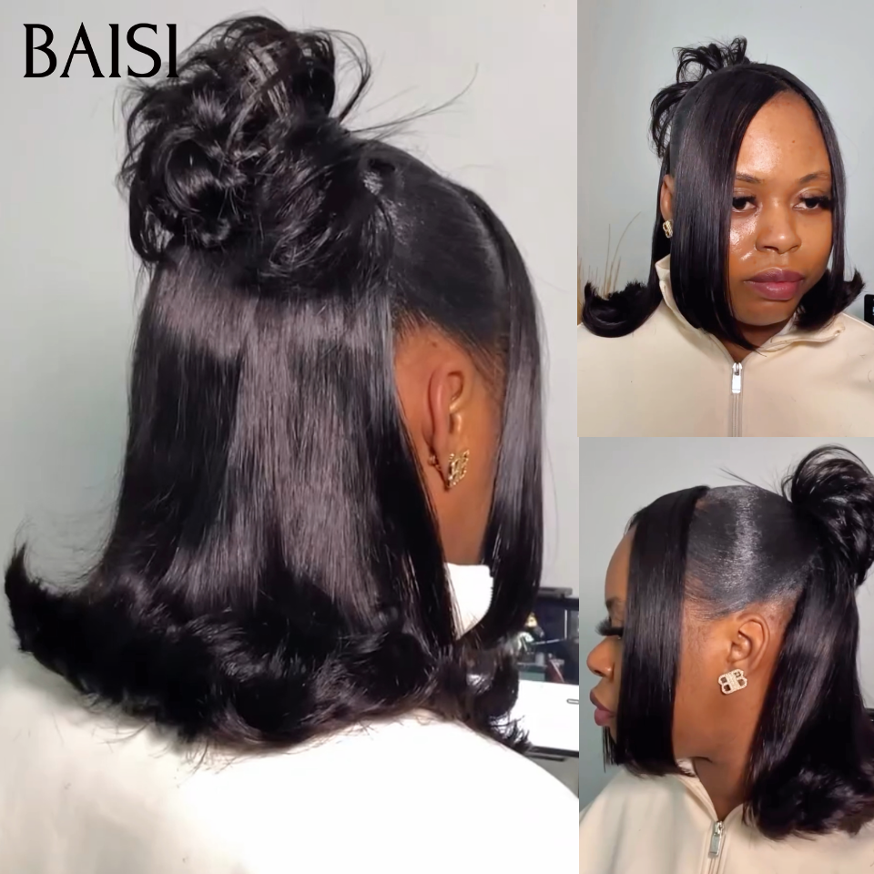 BAISI 13x4 lace Perruque Coiffée Bob Lisse Noir 1B# 12Pouces 129€ Coiffure chignon à bout légèrement balayé A la Mode en 100% Cheveux Humains