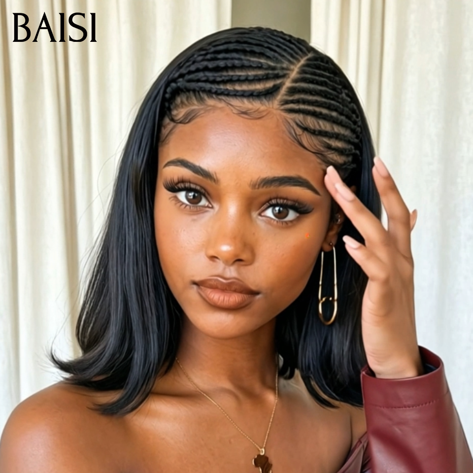 BAISI 13x6 Lace Perruque Coiffée Bob Lisse 8Pouces 99€ Couleur Noir 1B# Devanture Petites Nattes Pratiques Au Quotidien en 100% Cheveux humains