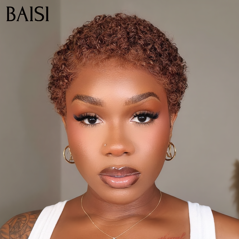 BAISI 13x4 LAce Pixie Afro Curly Couleur Marron 4# 66€ Petite Coupe Elégante et Charmante Pour l'Eté En 100% Cheveux Humains