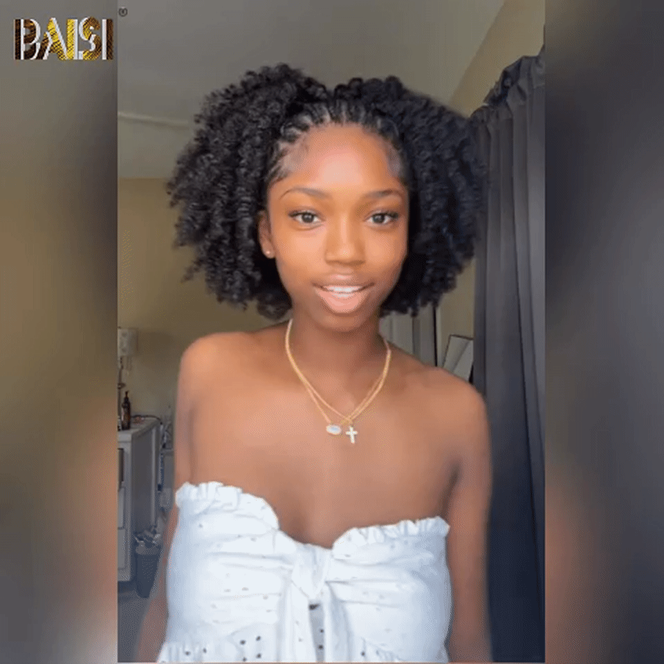 BAISI perruque Bob Afro curly Petite natte frisé frontale lace 100% cheveux humains