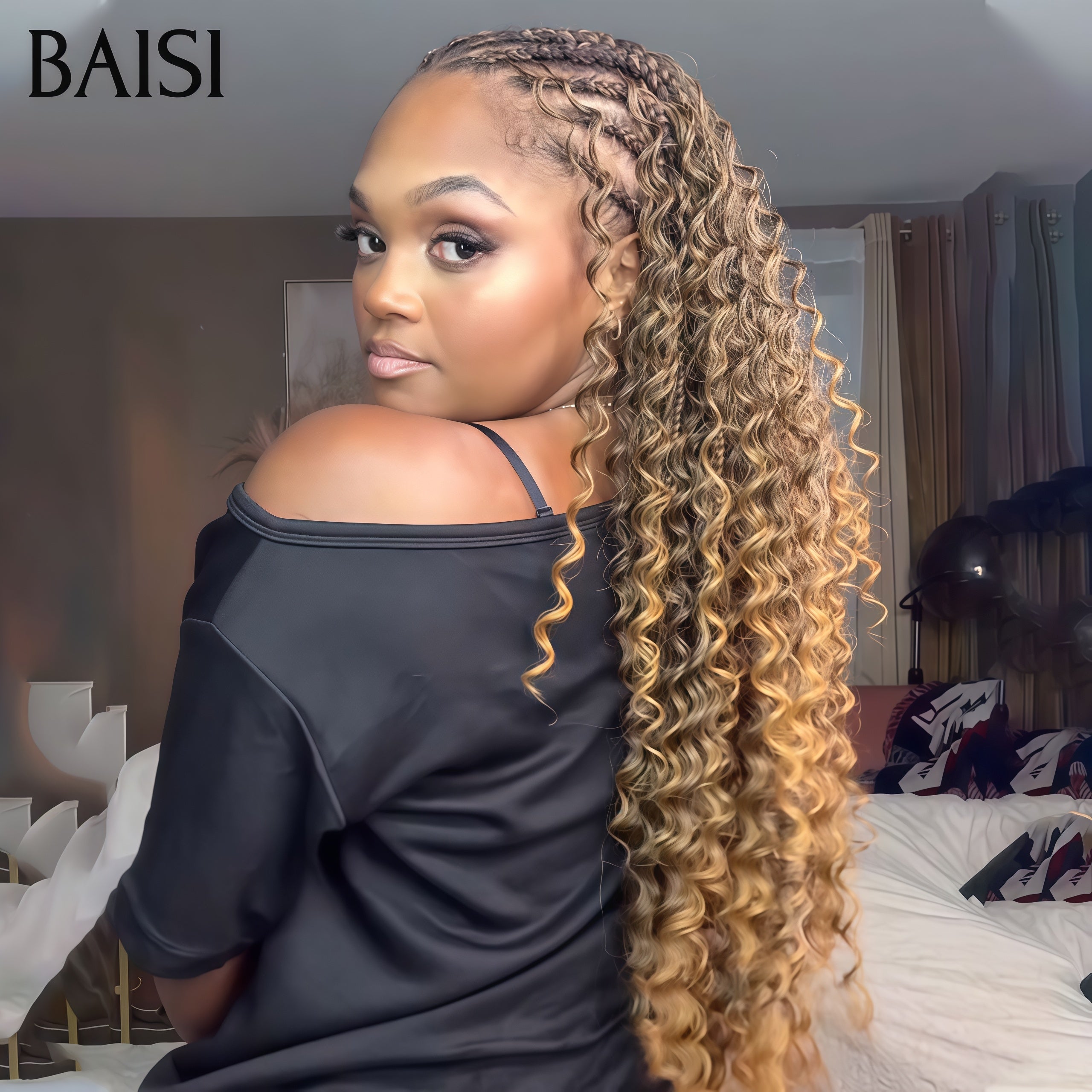 BAISI Extensions Plumes 100% Cheveux Humains Curly Wave Bouclée Noir et Mixte 1B/27# Pose Etape par Etape en Crochet Rendue Impeccablement Belle en 100% Cheveux Humains