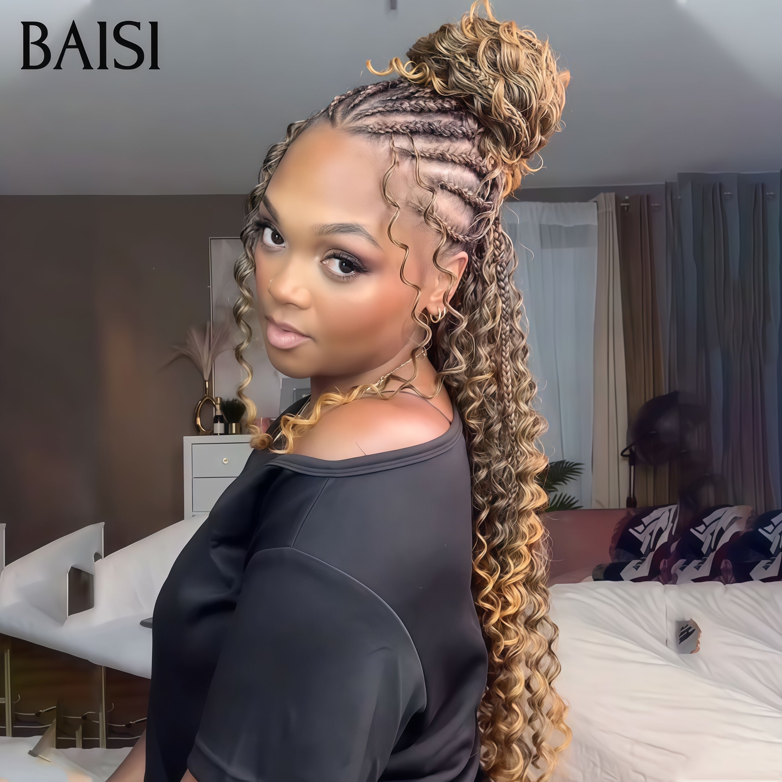 BAISI Extensions Plumes 100% Cheveux Humains Curly Wave Bouclée Noir et Mixte 1B/27# Pose Etape par Etape en Crochet Rendue Impeccablement Belle en 100% Cheveux Humains