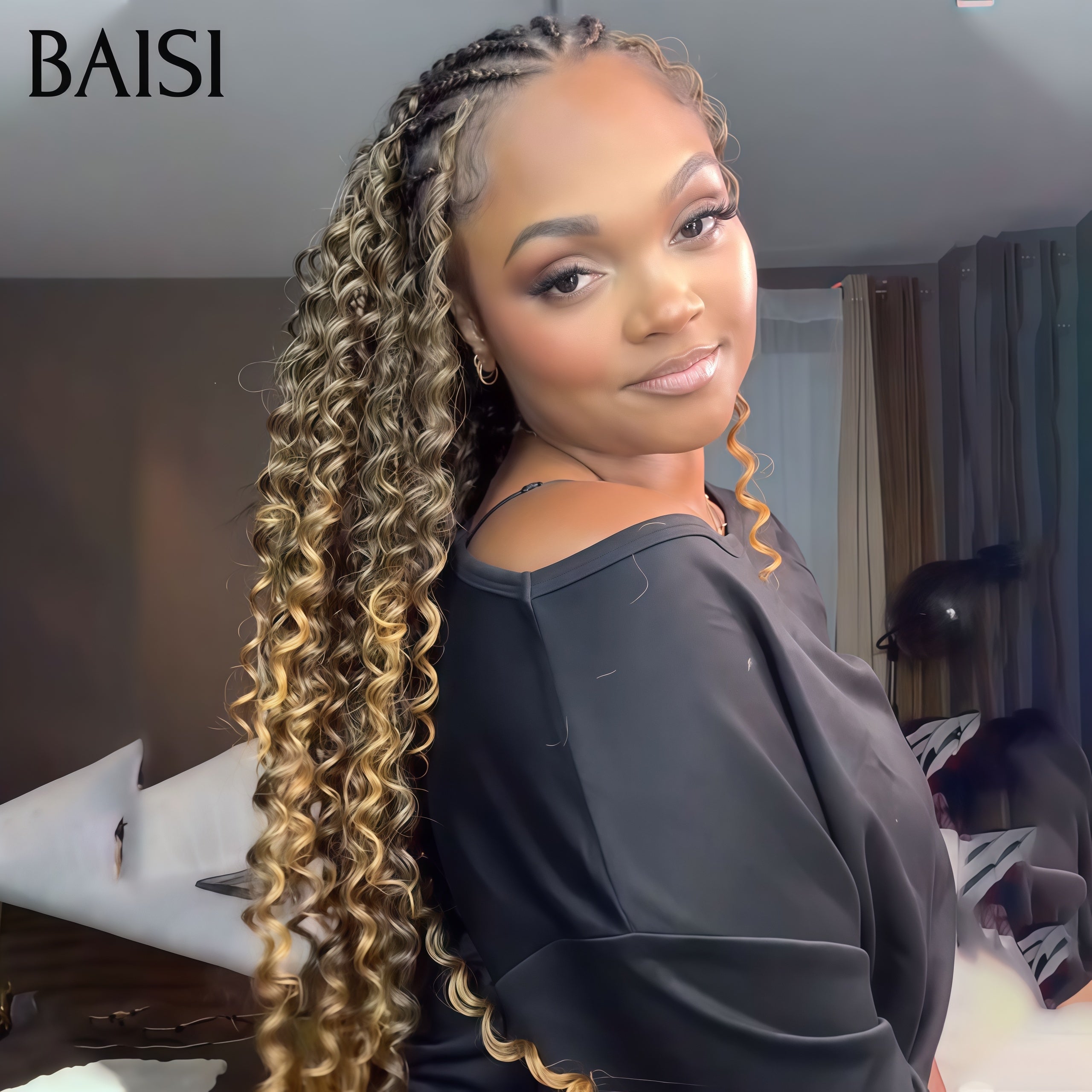 BAISI Extensions Plumes 100% Cheveux Humains Curly Wave Bouclée Noir et Mixte 1B/27# Pose Etape par Etape en Crochet Rendue Impeccablement Belle en 100% Cheveux Humains