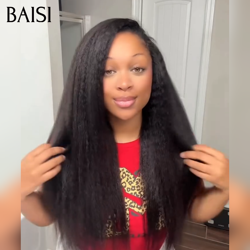 BAISI Extensions Plumes Cheveux Humains Noir en Crochet Texture Kinky Straight Installation Etape par Etape Facile et Simple Rendu et naturel en 100% Cheveux Humains