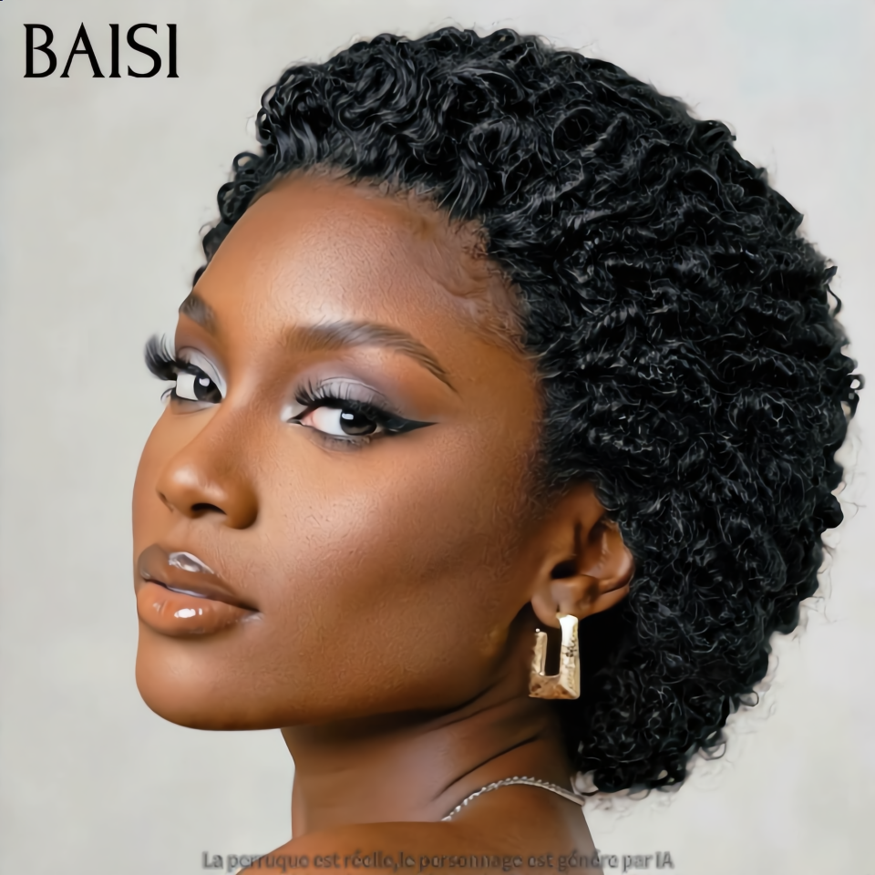 BAISI 13x4 Lace Perruque Déjà Coiffée Pixie Afro Curly Burmese Courte Noir 79€ Ou Marron 85€ Tendance et Attirante en 100% Cheveux humains