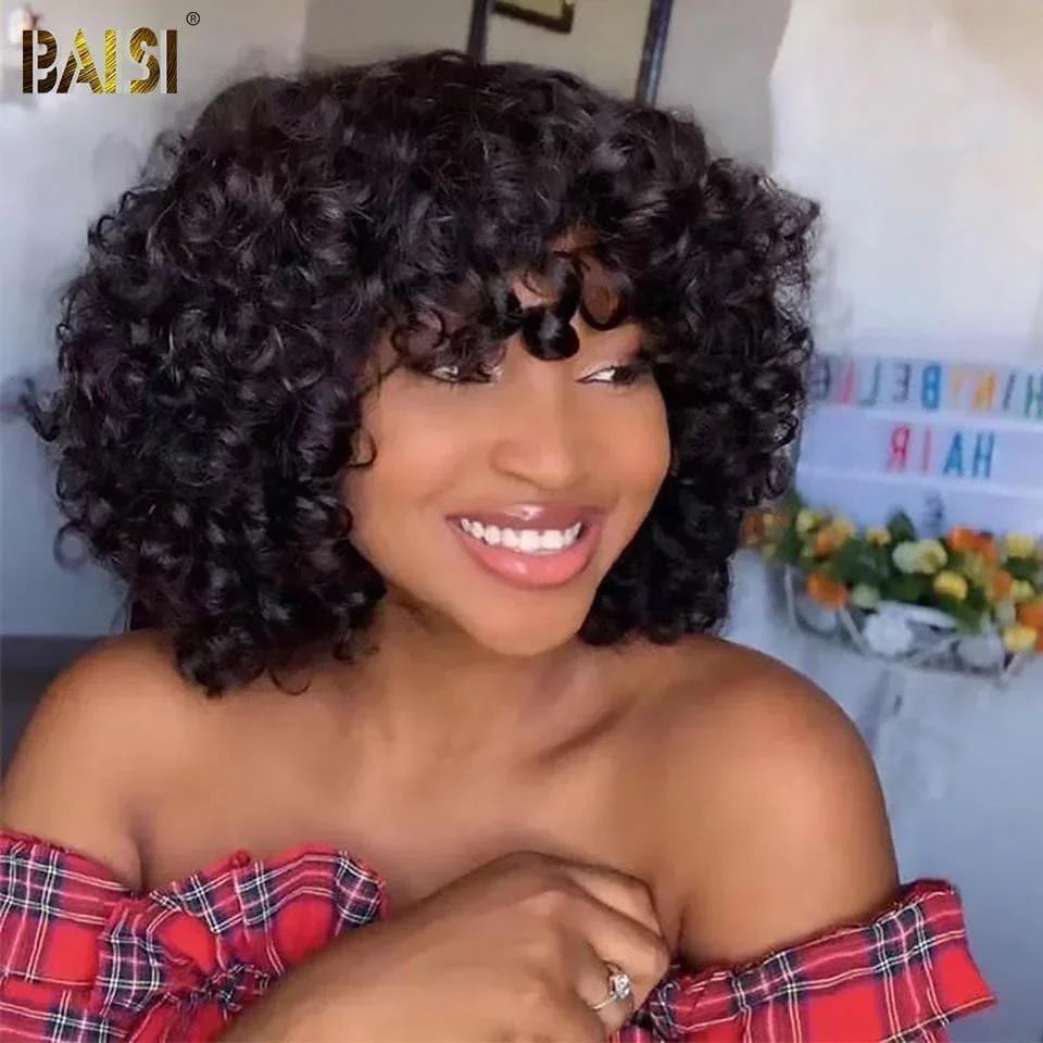 BAISI Curly Egg Wave Wig with Bangs in Black 12 inch 77€ 100% Human Hair