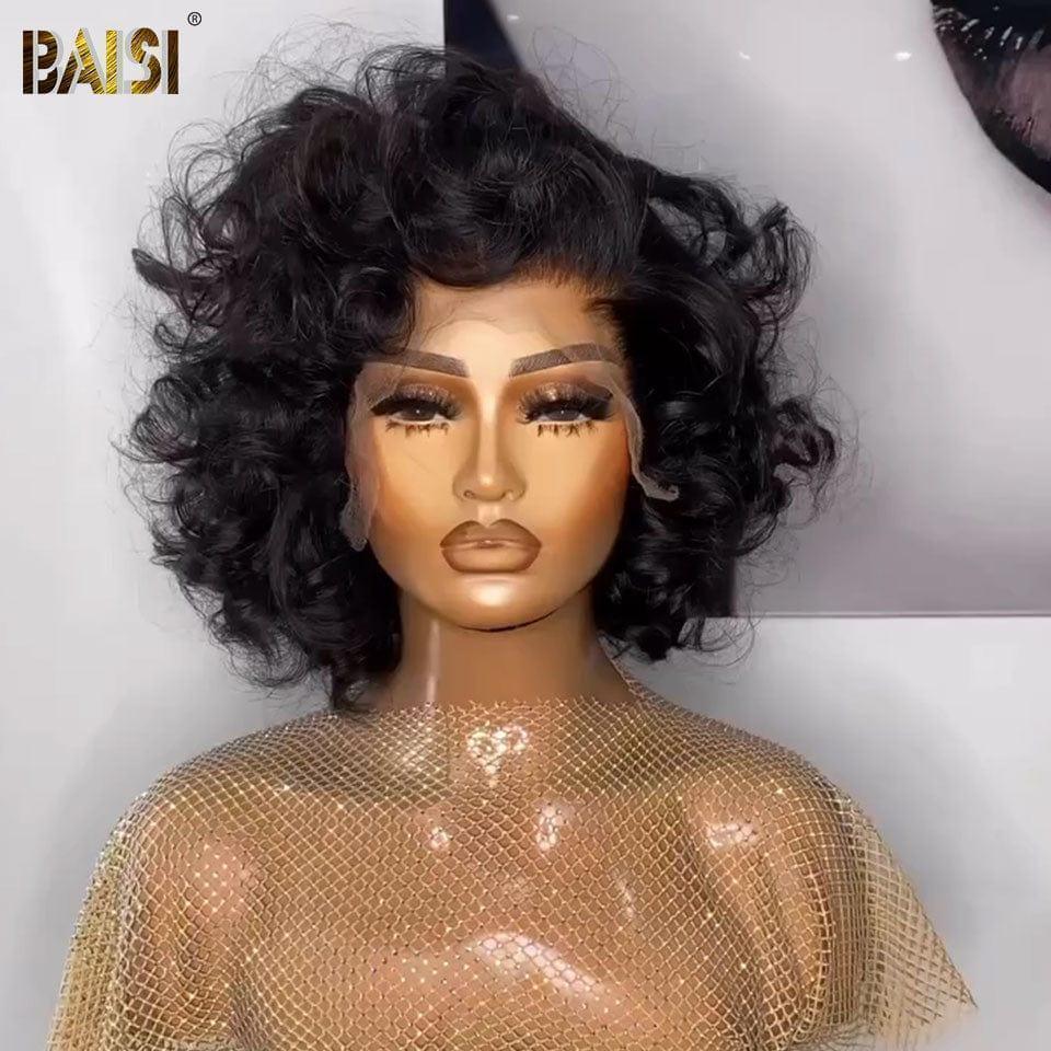 BAISI 13x4 Perruques de Luxe Bouncy curly 100% Viêtnam Hair 12 Pouce 300% densité Fabriquées par les cheveux double drawn