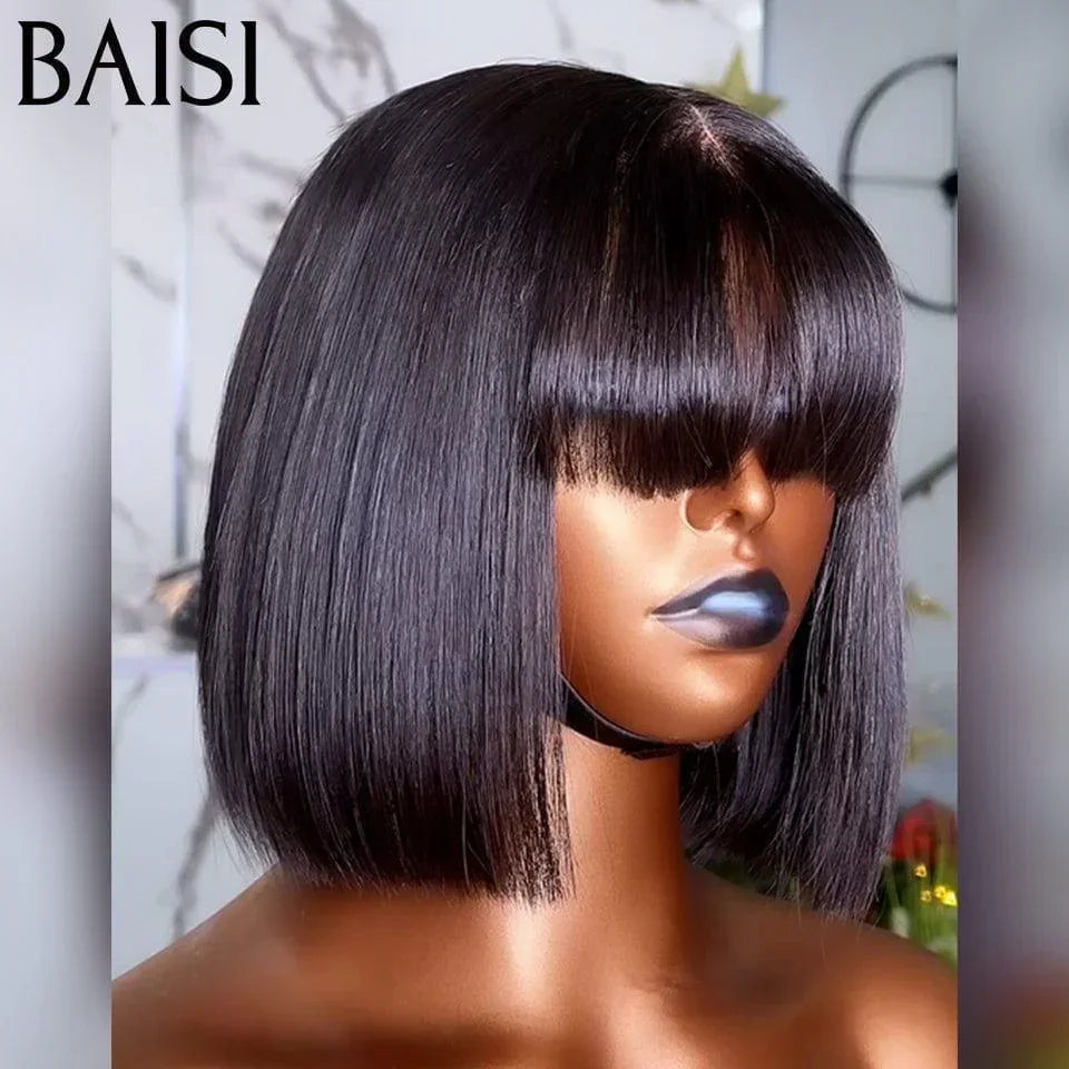 BAISI 15A SDD BONE STRAIGHT bob Perruques de Luxe Lisse bob sans lace avec frange A1 Fabriquées par les cheveux double drawn