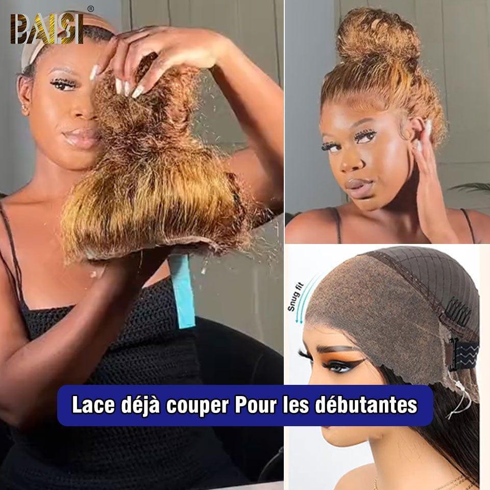 BAISI perruque Upgrade Invisible Strap 360 Frontal curly wave en Couleur Miel #4/#27 18 Pouces Lace frontale 360 invisible et réglable Pré-plucked Pas Besoin de Colle 250% densité en 100% Raw Hair Lace déjà couper