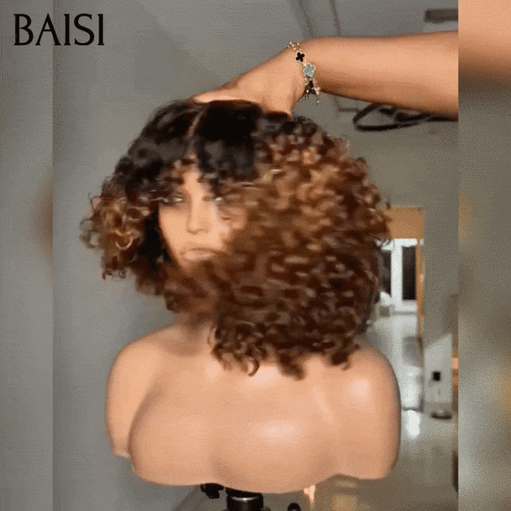 BAISI Perruque curly avec Frange 12 Pouces 89€ couleur 1BT27# sans Colle en 100% Cheveux Humain Hair