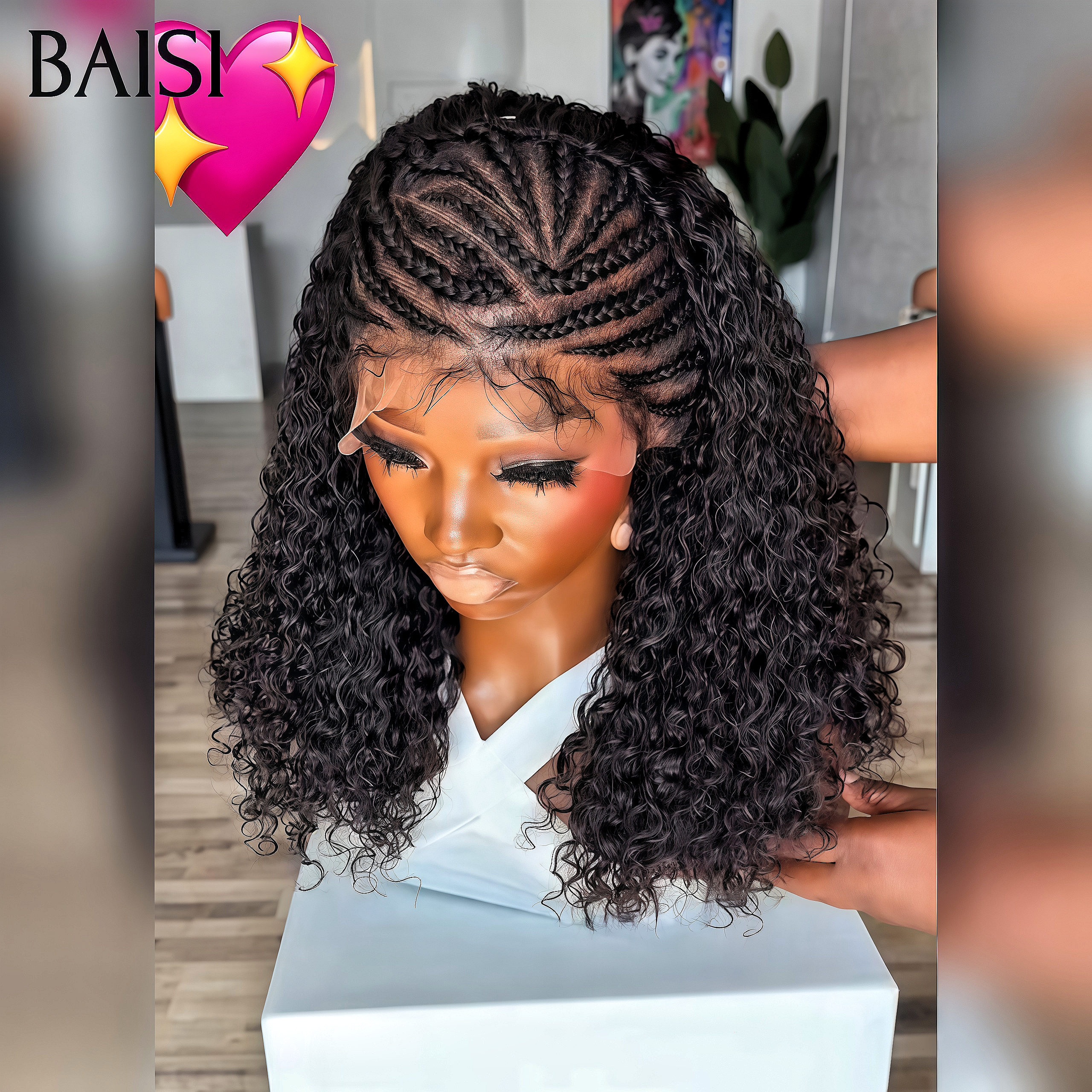 BAISI Perruque avec coiffure tressée natte lace frontal 13x4 curly wave noir 20 pouces Offre Flash 129€ 100% Cheveux Humains
