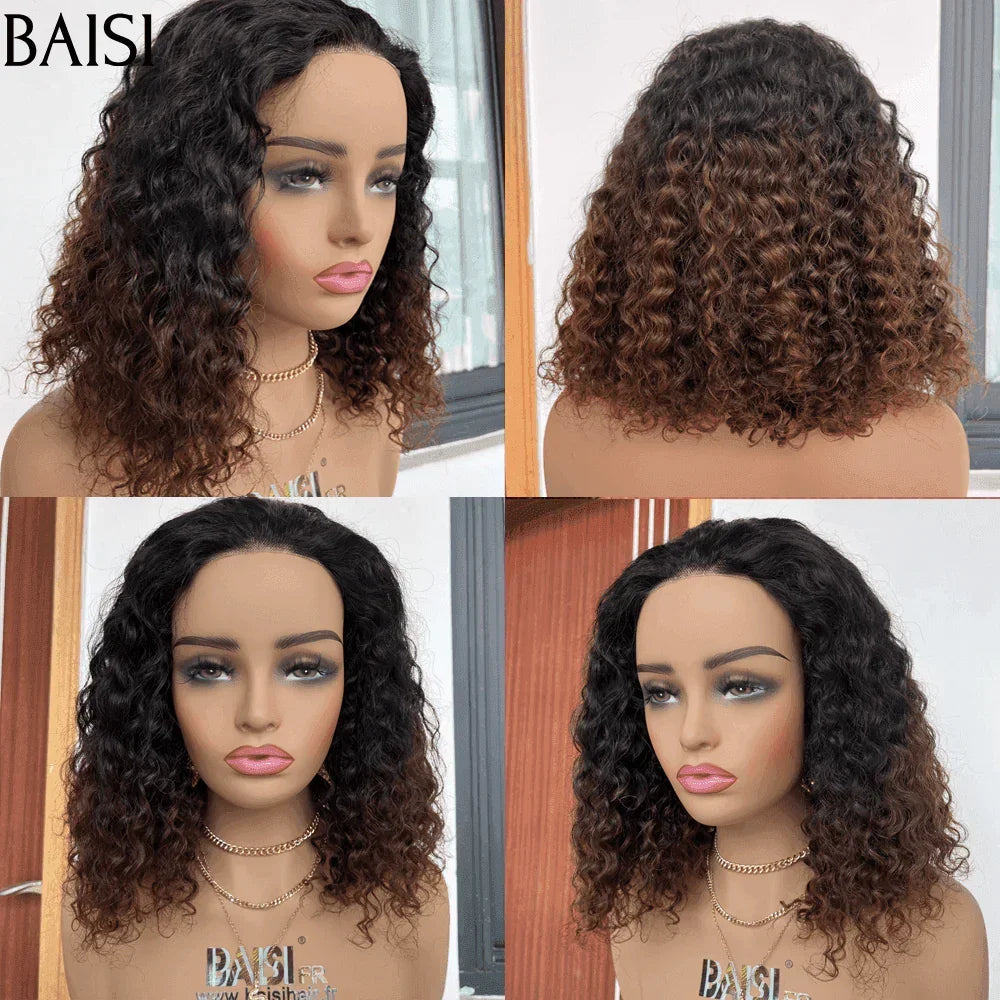 BAISI 4x4 Perruque Bob curly wave 14 Pouces 148€ 250% densité en Marron ou Mixte 1BT4# en 100% Cheveux Humains