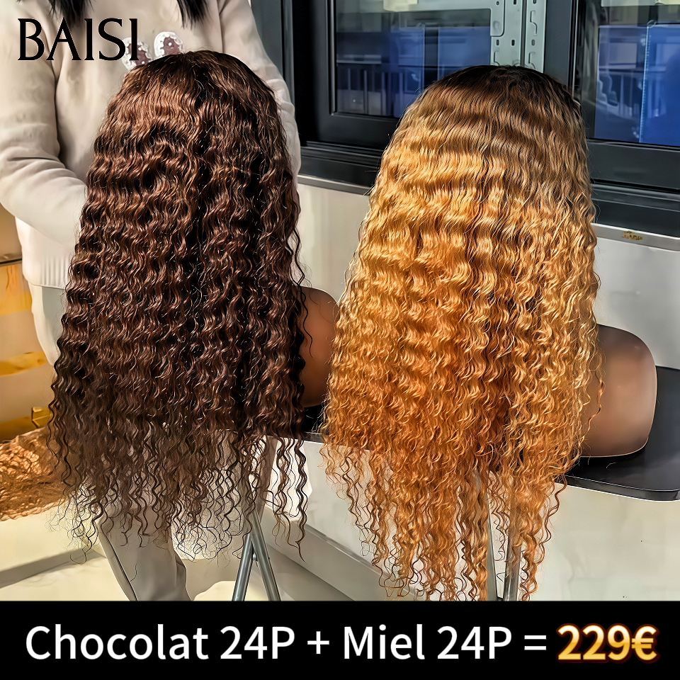 BAISI 2 Perruques pour revendre 229€ 13x4 lace frontal bouclé wave et 24 pouces 2 couleurs 4T27 et Marron en 100% Cheveux Humains