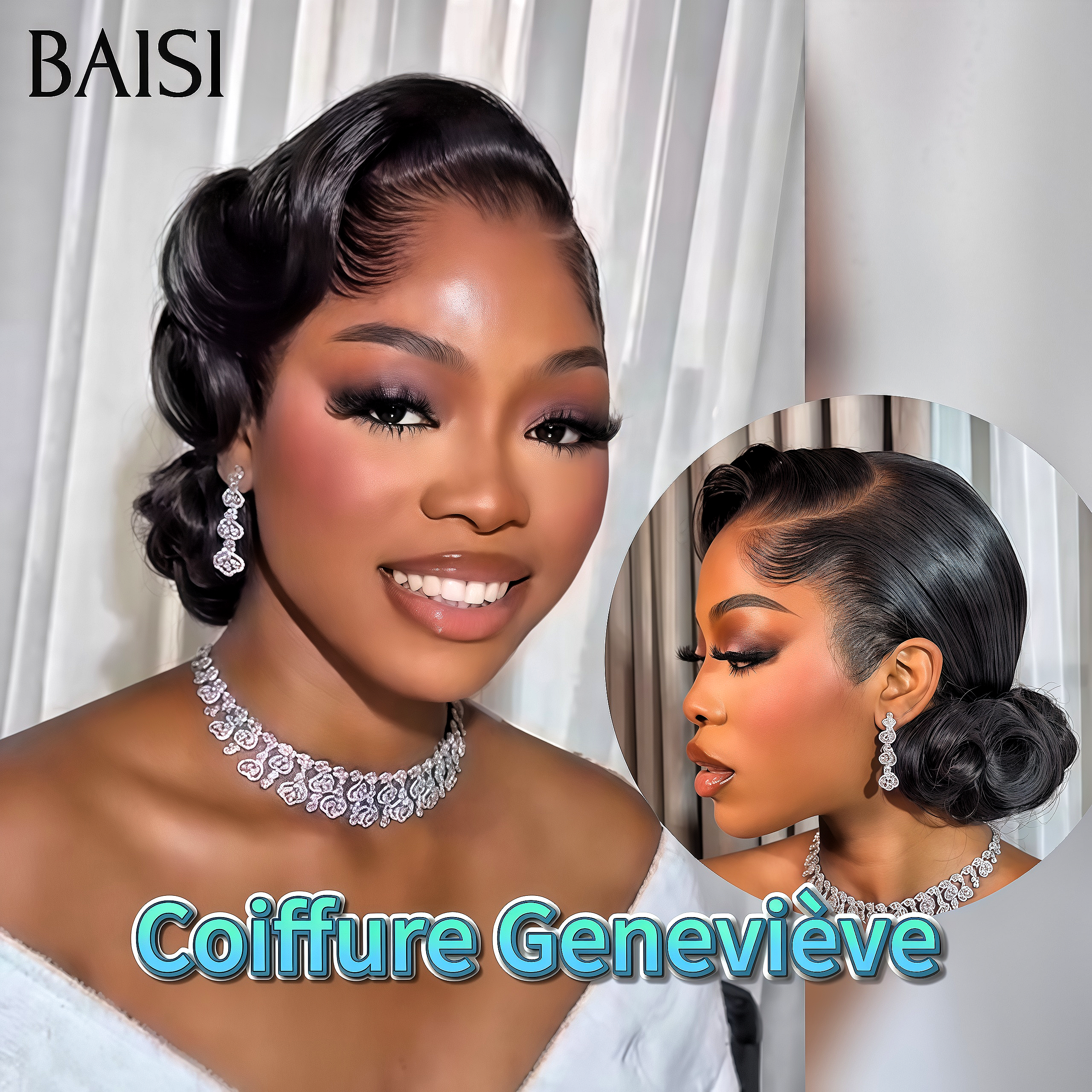 BAISI Coiffure de luxe Geneviève Perruques Mariage noir Prête à porter chignon et personalisation comme sur la vidéo 100% identique avec lace frontale événement spécial VIP100