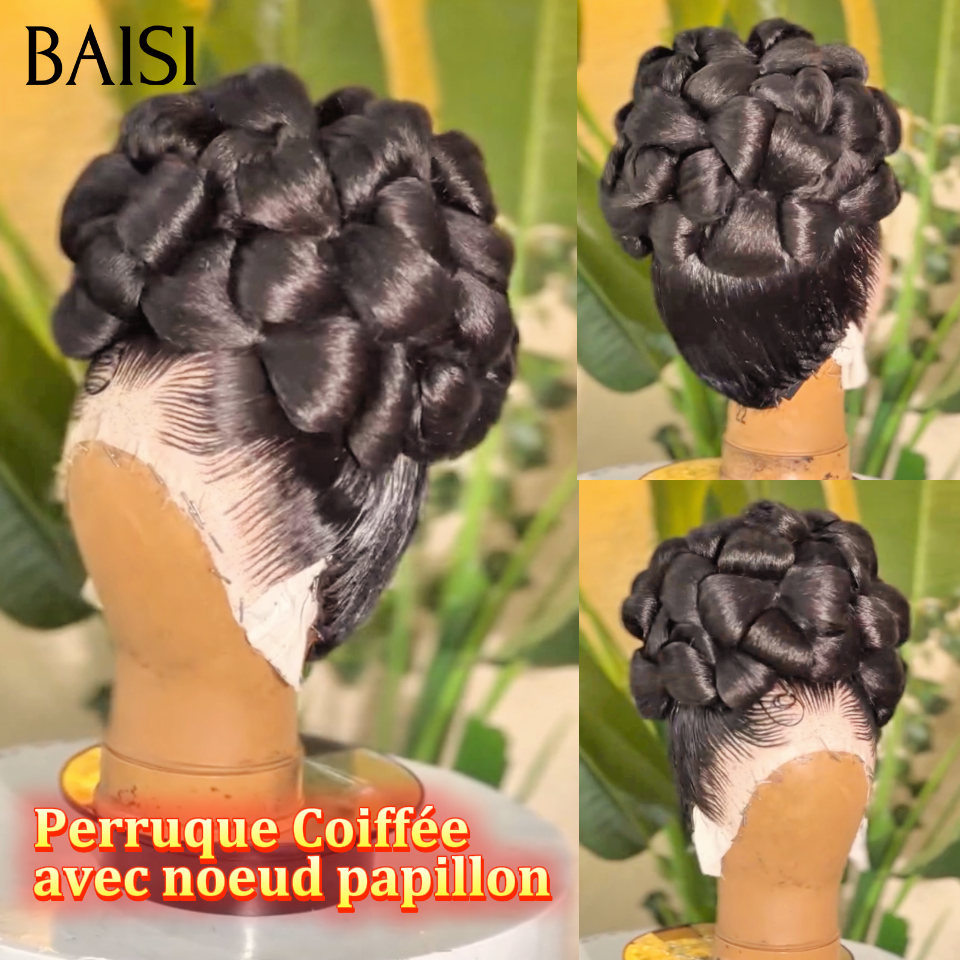 BAISI Perruques Coiffée avec noeud papillon Natte Promo 189€ en chignon bun 100% comme indiqué sur la photo NOIR Élégant et stylé En cheveux humains